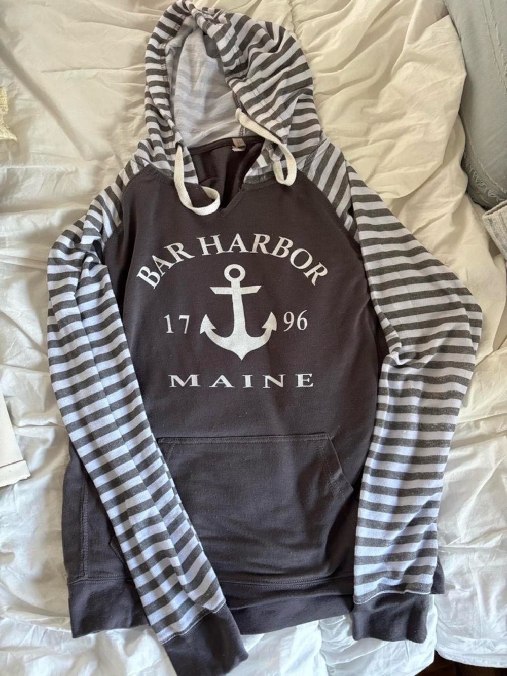 Bar Harbor Maine Anchor Hoodie - Charcoal with Gray/White Stripes